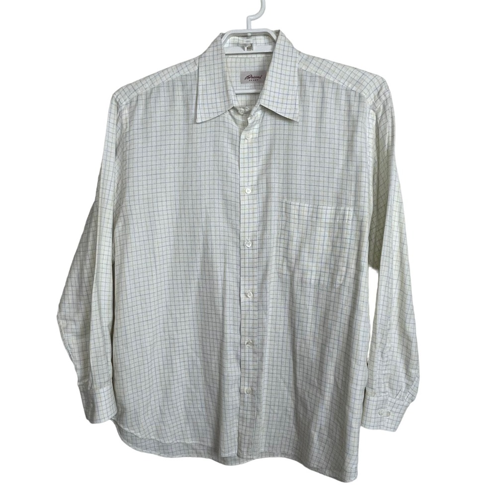 Brioni Sport Men's Button Up Check Plaid‎ Shirt White Yellow Blue Long Sleeve